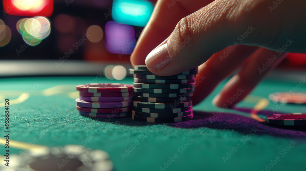 A hand is reaching for a pile of poker chips on a green table A hand is reaching for a pile of poker chips on a green table