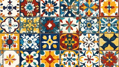 Watercolor Mosaic Tiles Floral Pattern in Red, Yellow, and Blue, tiles, pattern, mosaic, watercolor