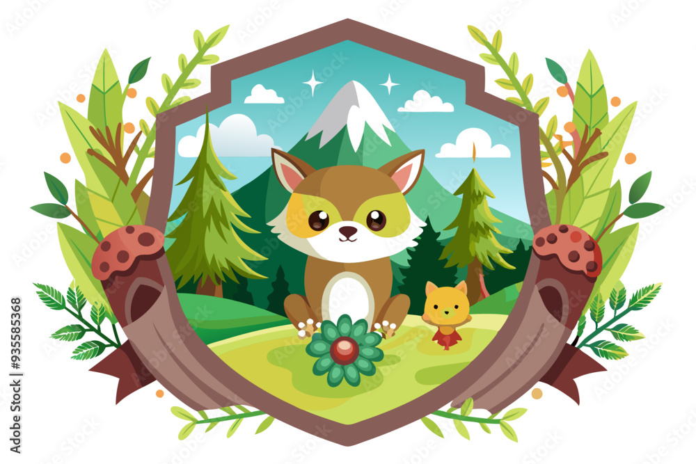 Obraz premium Cute Cartoon Fox and Squirrel in a Forest Landscape Crest
