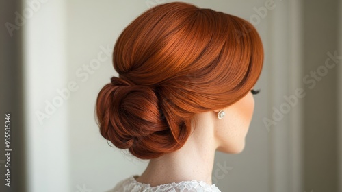 A woman showcases a stunning updo hairstyle with vibrant red hair, elegantly styled in a bun, complemented by a delicate outfit.