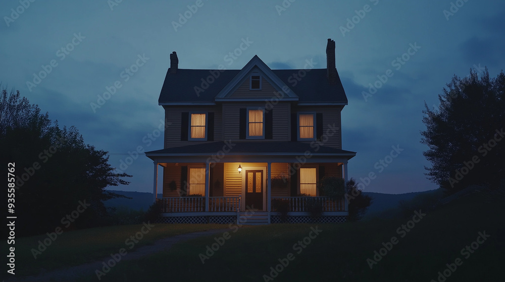 Spooky house at twilight with glowing windows surrounded by trees Spooky house at twilight with glowing windows surrounded by trees