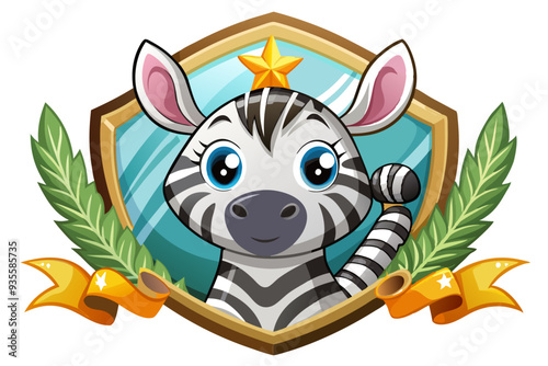 Cartoon Zebra with Star in Shield and Laurel Wreaths