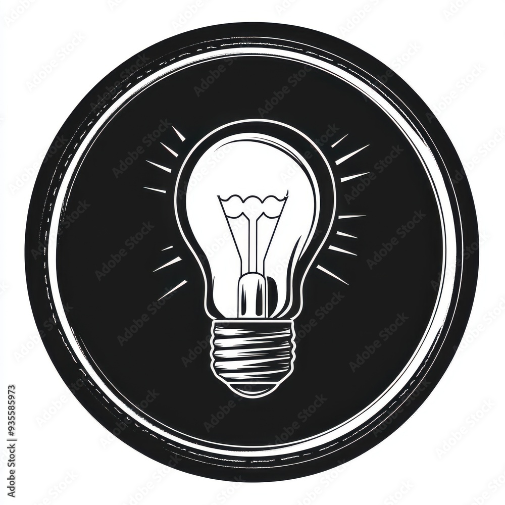 Black and white flat vector art illustration of a light bulb in a circular stamp logo style, svg design, isolated on white background, simple vector art design Black and white flat vector art illustration of a light bulb in a circular stamp logo style, svg design, isolated on white background, simple vector art design