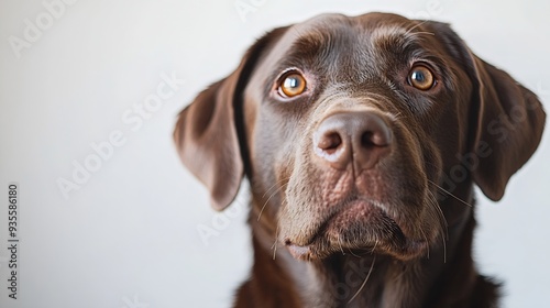 Studio headshot portrait of Chocolate Labrador retriever with quirky expression against a white background : Generative AI