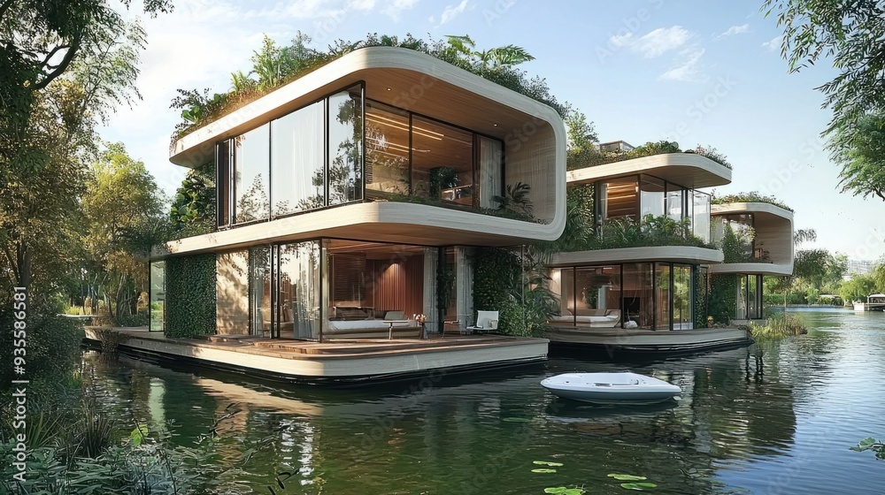 Eco-Friendly Oasis: Contemporary Floating Home Community on the Water Eco-Friendly Oasis: Contemporary Floating Home Community on the Water