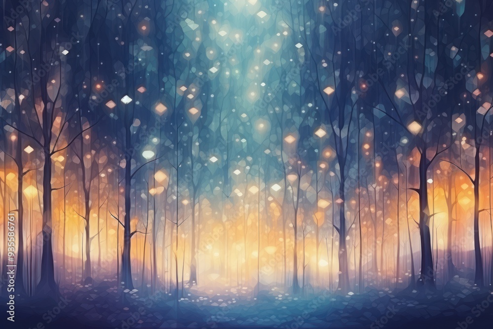 Fototapeta premium Magical Christmas watercolor forest with shining lights. Fairytale abstract illustration style. Holiday celebration concept.