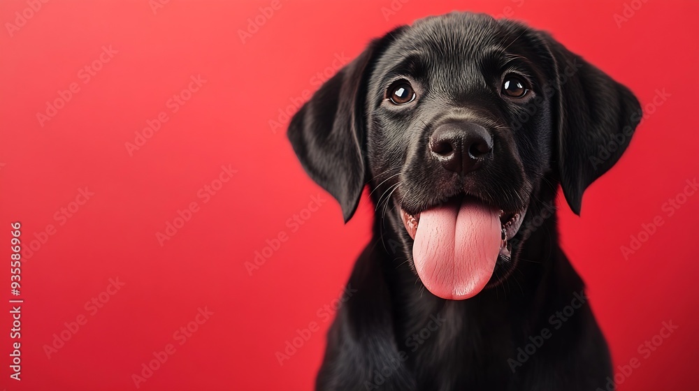 Funny portrait hungry labrador retriever puppy dog licking its lips with tongue Isolated on red solid background : Generative AI Funny portrait hungry labrador retriever puppy dog licking its lips with tongue Isolated on red solid background : Generative AI