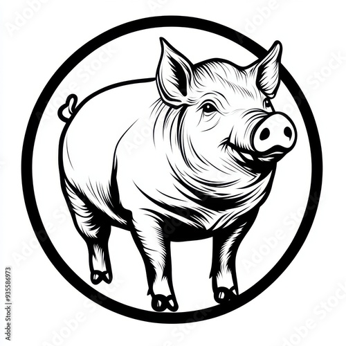 Black and white flat vector art illustration of a pig in a circular stamp logo style, svg design, isolated on white background, simple vector art design 