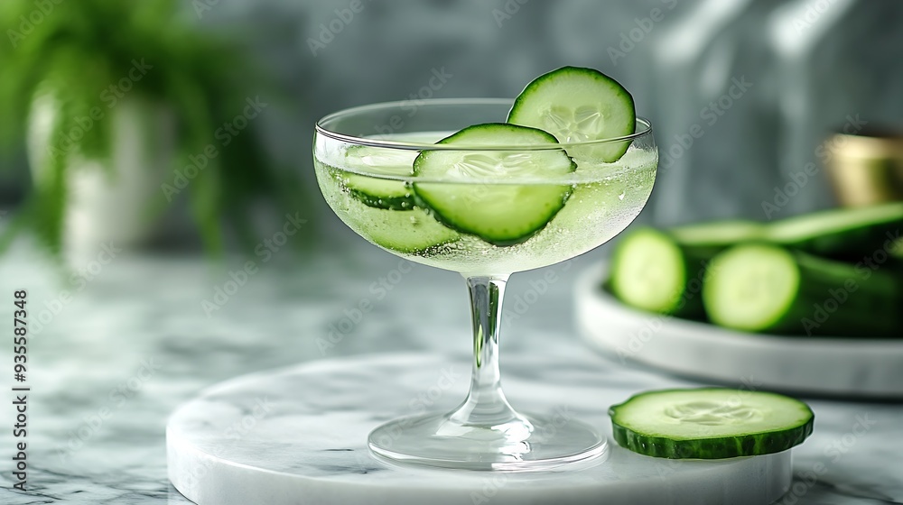 Fresh cucumbers are decorated around white platforms thin cucumber slices inside a cocktail glass Advertising space with empty podiums displaying products : Generative AI Fresh cucumbers are decorated around white platforms thin cucumber slices inside a cocktail glass Advertising space with empty podiums displaying products : Generative AI