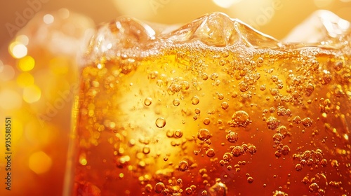 High-resolution image of a carbonated beverage with ice, showcasing the effervescent bubbles in a refreshing amber liquid. Perfect for summer-themed advertising.