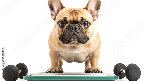 french bulldog  dog with guilty conscience  for overweight and to loose weight  standing on a scale isolated on white background with dumbbells : Generative AI photo