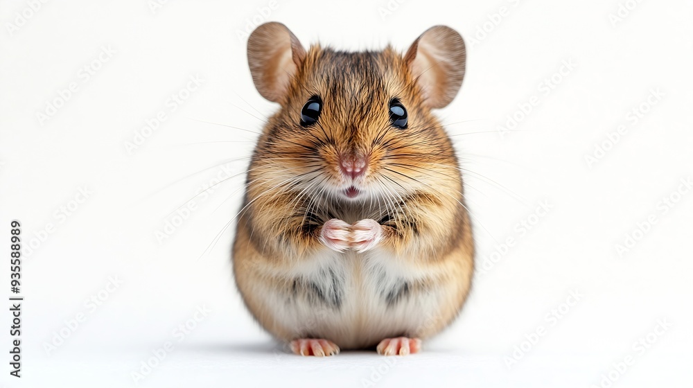 Cute Wood mouse Apodemus sylvaticus sitting on hind legs and looking in the camera on white background : Generative AI