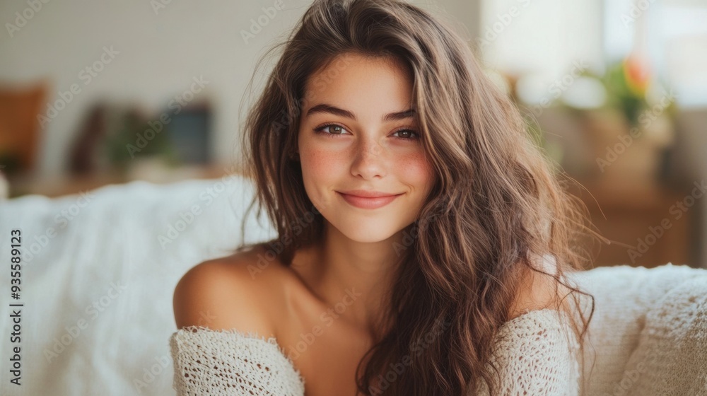 A woman with long brown hair sitting on a couch, AI A woman with long brown hair sitting on a couch, AI