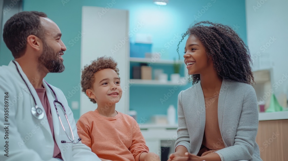 Obraz premium Parents are engaged in a conversation with a doctor about the health of their child in a welcoming clinic environment
