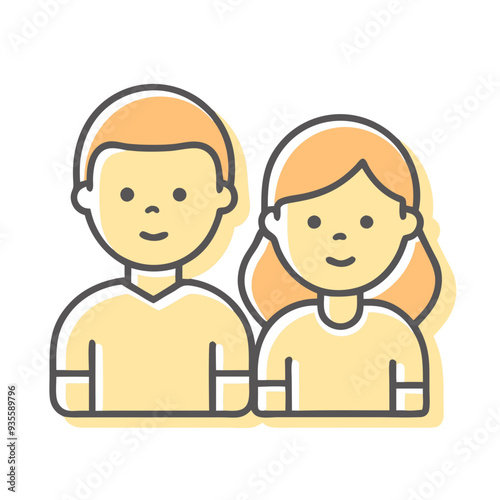 Icon of Two Children Standing Side by Side in Yellow and Orange Outlines