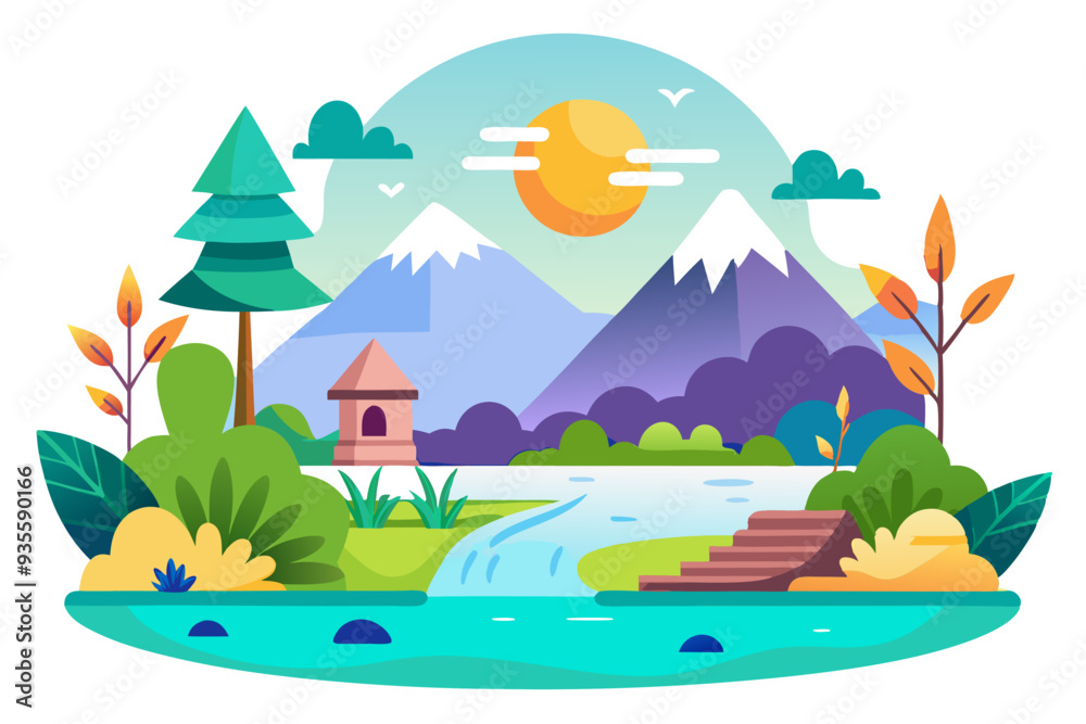 Obraz premium Mountainous Landscape with River, Sun, and Small Structures