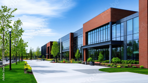 A contemporary university campus featuring a sleek building with glass windows, surrounded by trees and a wide walkway on a sunny day.