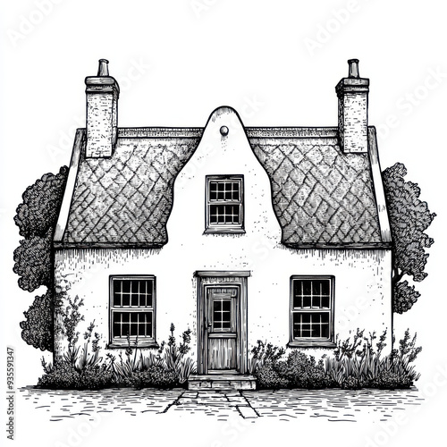 Black and white Vintage engraved art of a Cape Dutch house, isolated on white background, ink sketch illustration, simple vector art design, highly detailed line art, high contrasty