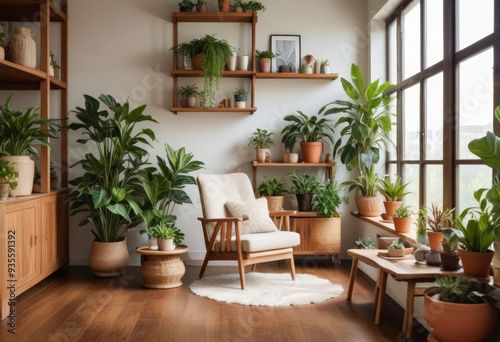 Light and cozy interior with an armchair surrounded by many pots with indoor plants