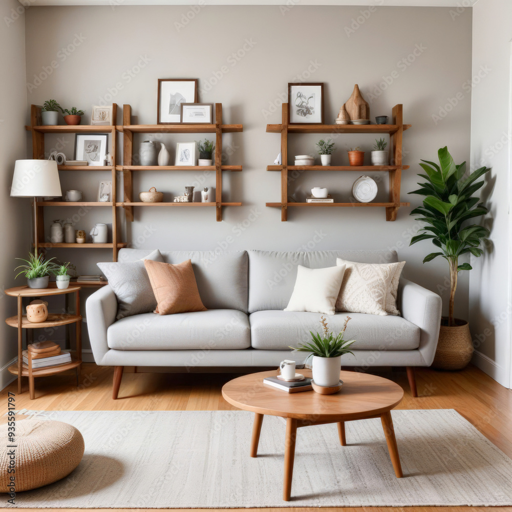 Fototapeta premium Cozy interior of a bright living room with a sofa and lots of green indoor plants around