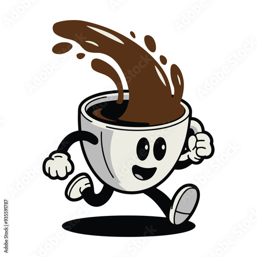 Running Coffee Cup Character with Splashing Coffee Illustration
