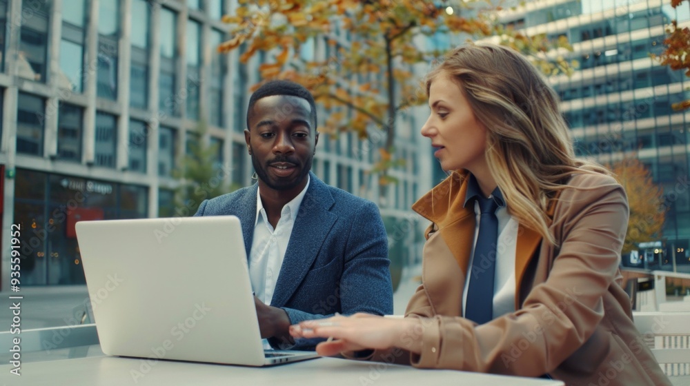 Two professionals are engaged in a discussion while seated at an outdoor table. They are working on a laptop in a vibrant urban environment filled with modern buildings and autumn foliage