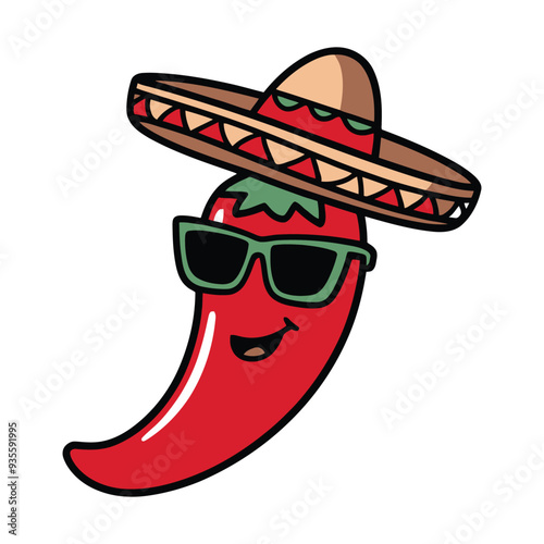 chili pepper with sombrero and sunglasses cartoon