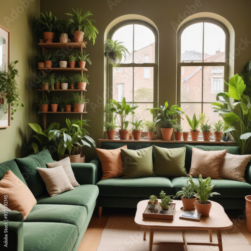 Cozy interior of a bright living room with a sofa and lots of green indoor plants around