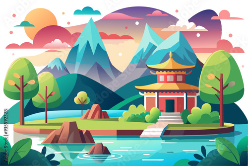Pagoda Temple Nestled in a Mountain Valley with a Lake and Trees