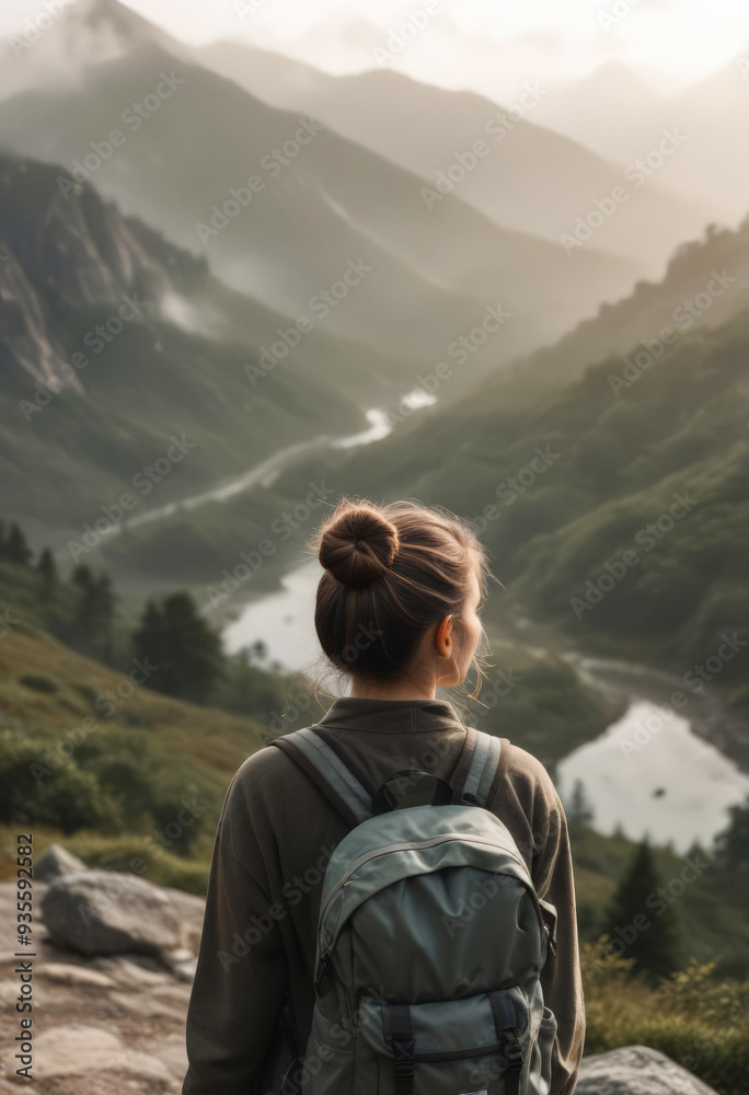 Fototapeta premium Young girl with a backpack against the background of mountains. Back view