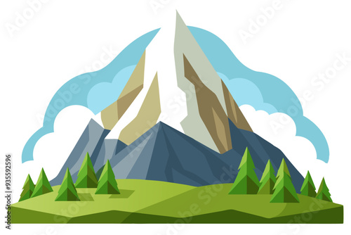 Stylized Mountain Peak with Green Trees and Clouds