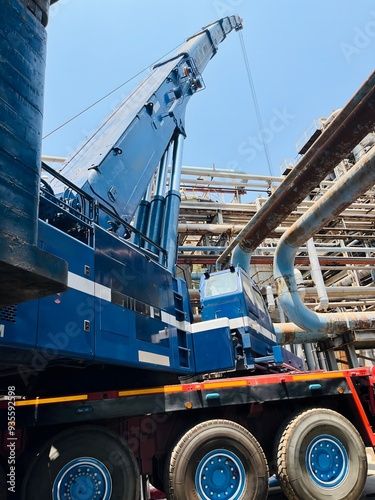 Massive blue crane lifting heavy equipment at a construction site, showcasing the power and scale of industrial machinery.