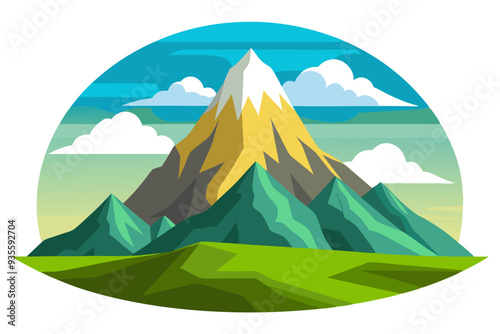 Mountain Range Landscape with Snowy Peak and Clouds