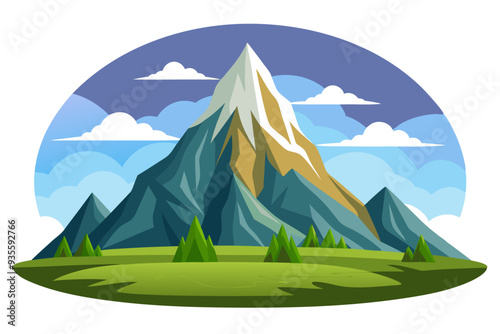Mountainous Landscape with Green Meadow and Clouds