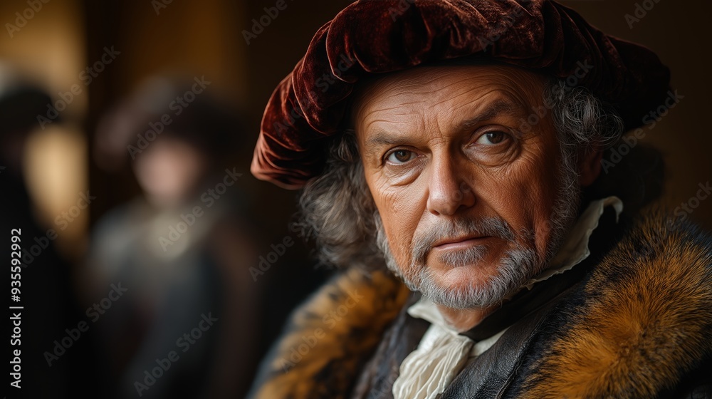 Portrait of a distinguished man in period clothing with a fur collar, representing historical figures and the art of classical portraiture in a timeless setting Portrait of a distinguished man in period clothing with a fur collar, representing historical figures and the art of classical portraiture in a timeless setting