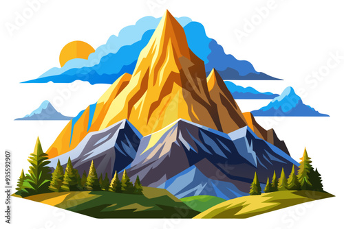 Mountain Range with Sun, Clouds, and Forest at Base