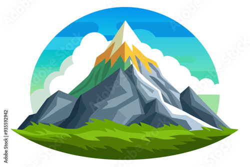 Majestic Mountain Peak with Green Grass and Clouds