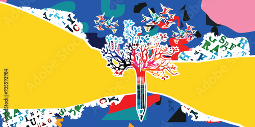 Colorful pencil tree vector illustration. Design for creative writing and creation, storytelling, blogging, education, book cover, article and website content writing, copywriting	