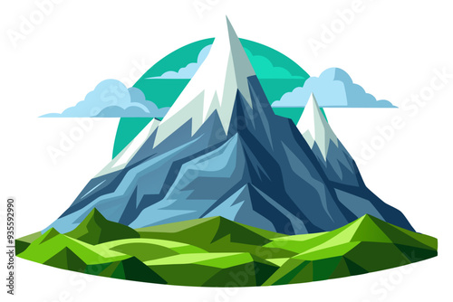 A Majestic Mountain Peak with Snow and Green Hills