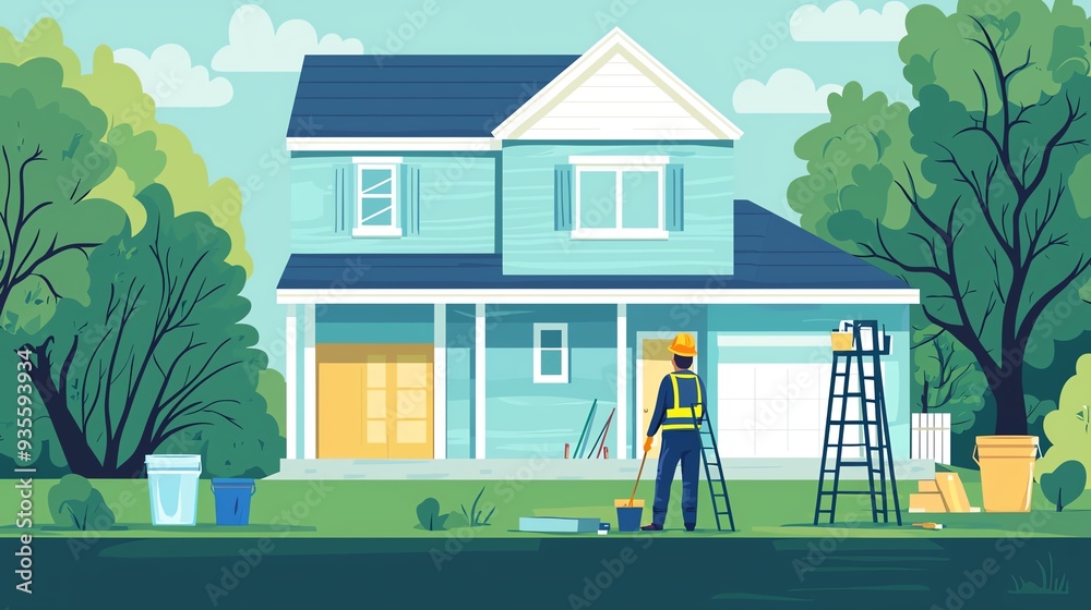 Obraz premium A lively illustration of a house renovation scene with a worker, tools, and greenery, showcasing home improvement and outdoor activity.