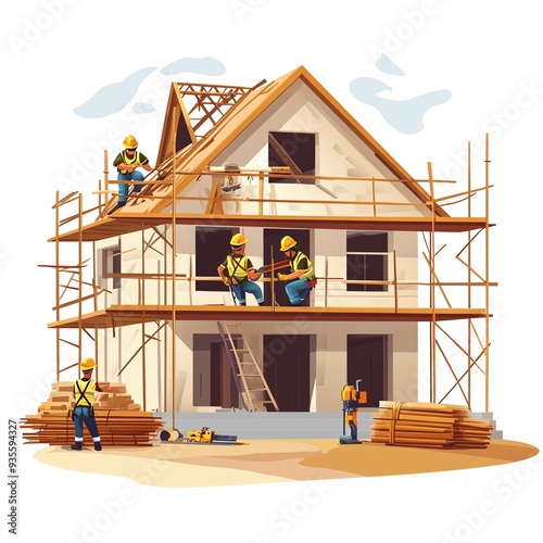 Construction workers building a new house with scaffolding, tools, and materials, showcasing teamwork and progress in homebuilding. photo