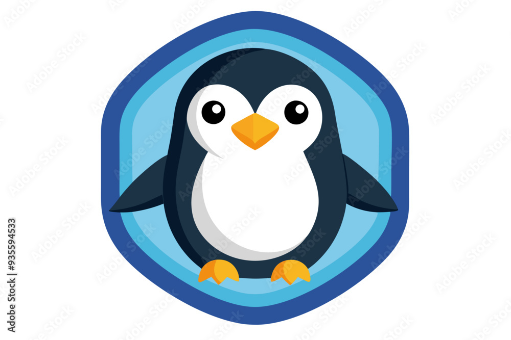 Naklejka premium Cartoon Penguin in a Blue and White Oval