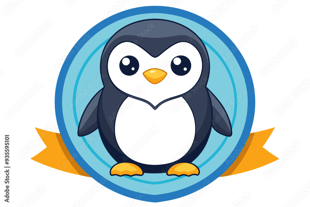 Fototapeta premium Cartoon Penguin with Big Eyes in a Blue Circle Frame