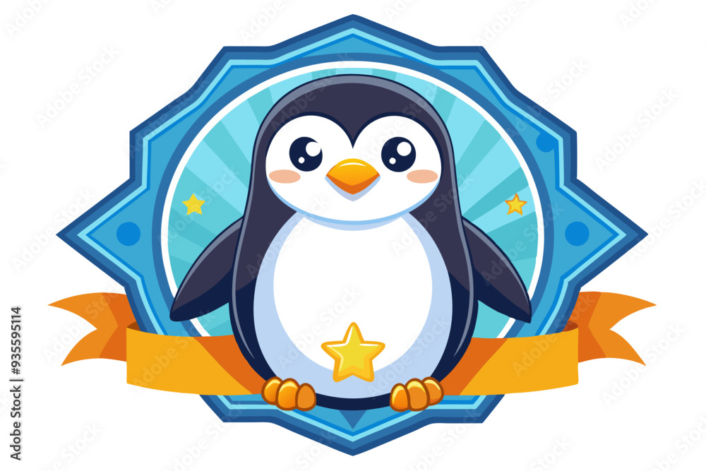 Obraz premium Cartoon Penguin Inside a Blue Star-Shaped Badge with an Orange Ribbon