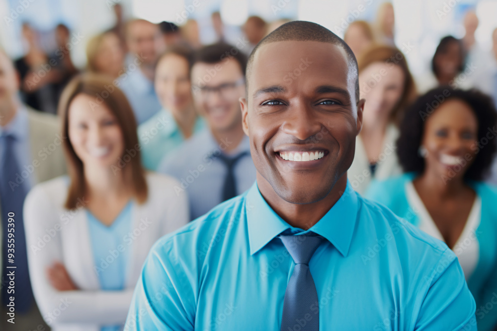 Confident businessman smiling with team in background. Generative AI image Confident businessman smiling with team in background. Generative AI image
