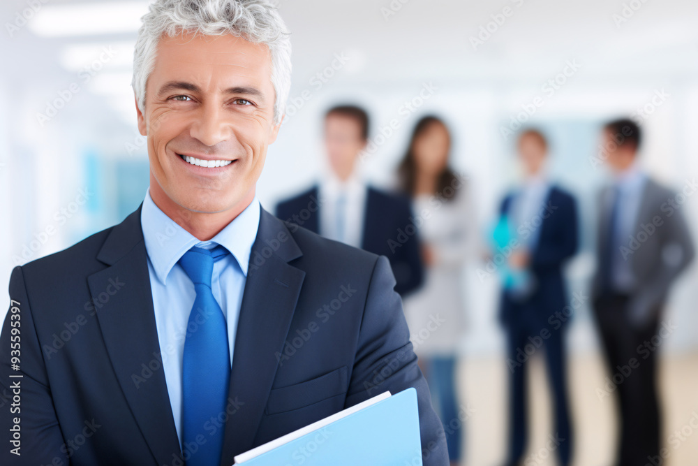 Fototapeta premium Confident businessman smiling in office environment. Generative AI image
