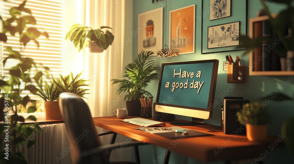 A bright and cheerful home office with A bright and cheerful home office with