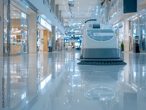 Large industrial scrubber dryer in deserted shopping mall with glossy floor and bright storefronts photo