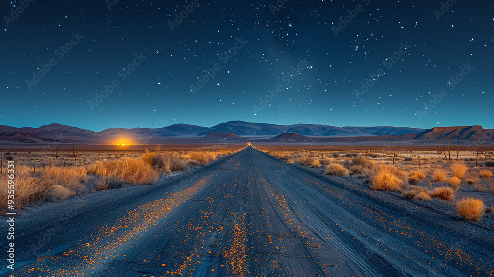 Fototapeta premium Long exposure of a deserted desert road at night with a car's headlights illuminating the path. Made with generative ai
