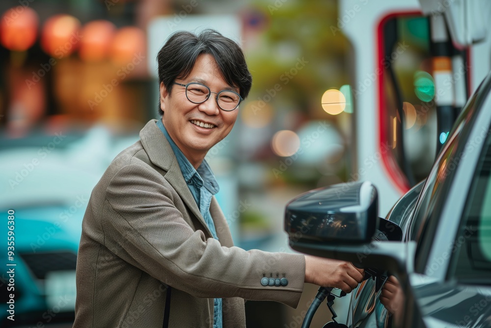 Smiling Man Charging Electric Vehicle on City Street. Generative AI image Smiling Man Charging Electric Vehicle on City Street. Generative AI image
